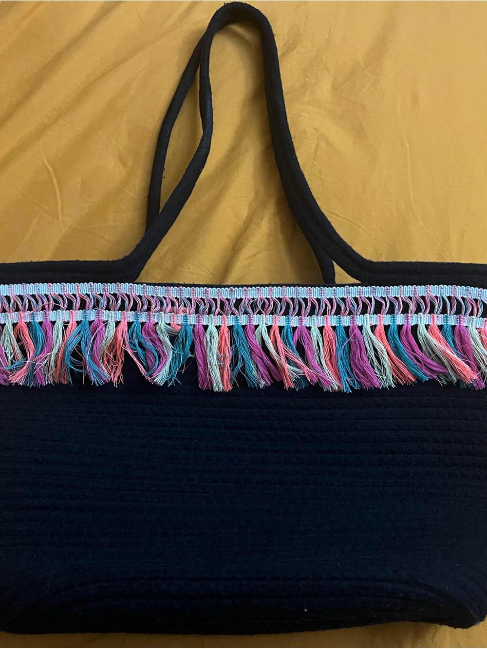 Black Fringe Straw-Style Tote Bag with Pink & Teal Accents